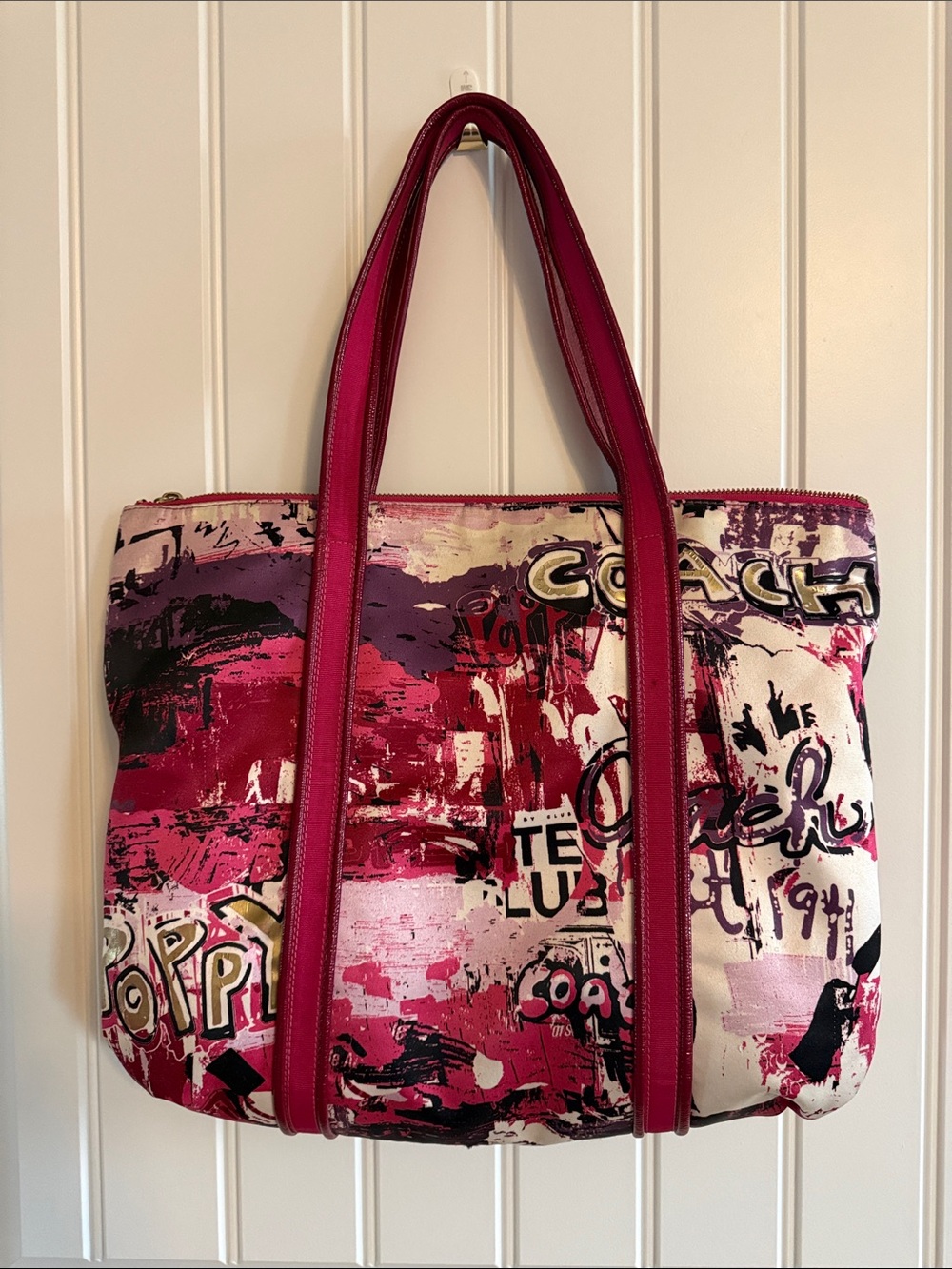 Coach Poppy Pink and Fuchsia Graffiti Canvas Tote with Gold Hardware - Picture 7 of 9